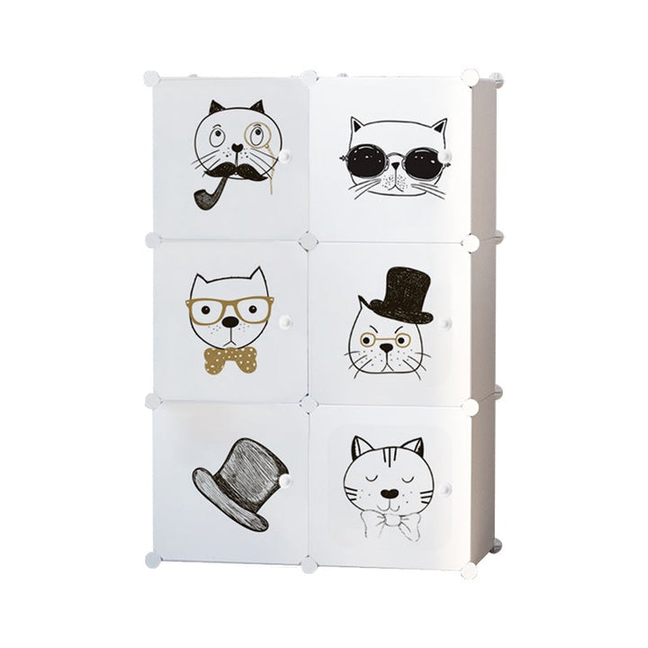 Dulap modular pentru copii 6 rafturi , AT PERFORMANCE® , Alb cu pisicute 🐱🎀👓🎩