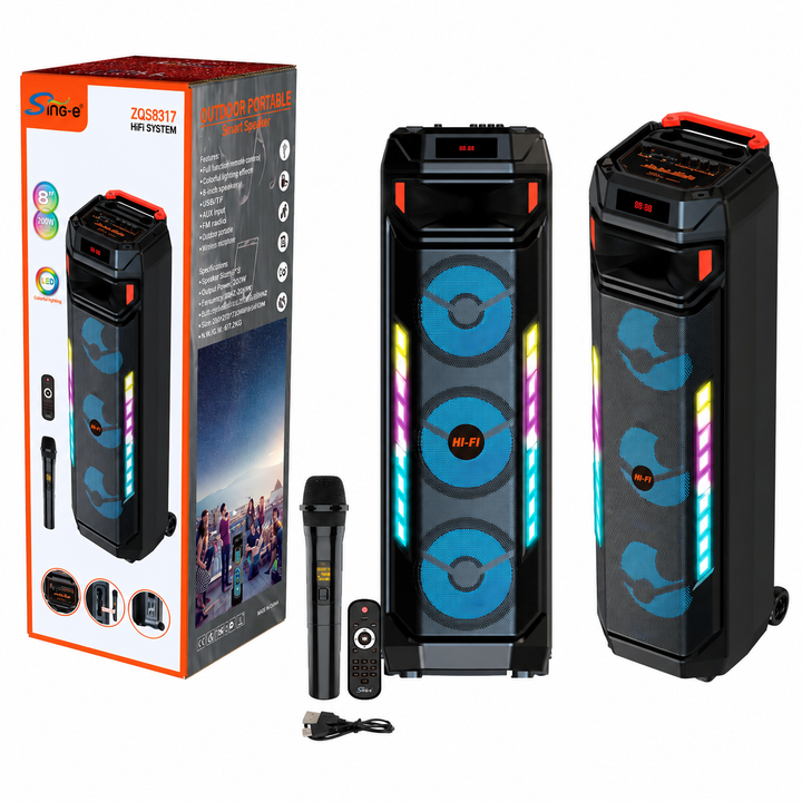 Boxă Portabilă Karaoke Sing-e ZQS8317, Bluetooth, 3 Difuzoare 8", 60W, Microfon Wi-Fi Inclus, Telecomandă, LED RGB, Acumulator 4500mAh