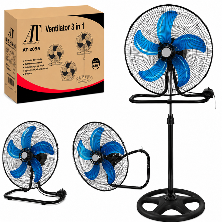 Ventilator 3 în 1 AT PERFORMANCE® AT-2055, 65W, 18 Inch, Podea, Perete și Picior, 3 Viteze, Oscilație, Reglabil pe Înălțime