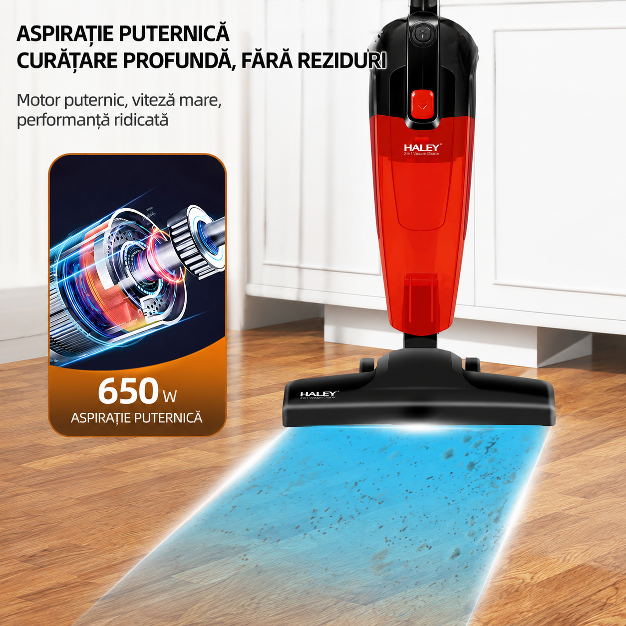 Aspirator Vertical 2 în 1 HALEY HY-1911, 650W, Recipient 1,2L, Tehnologie Ciclon, Filtrare în 4 Trepte, Rază 5 m