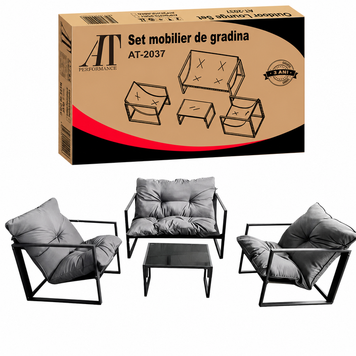 Set Mobilier Grădină AT PERFORMANCE® 4 Piese, Canapea 2 Locuri + 2 Fotolii + Măsuță cu Sticlă Securizată Neagră, Cadru Metalic