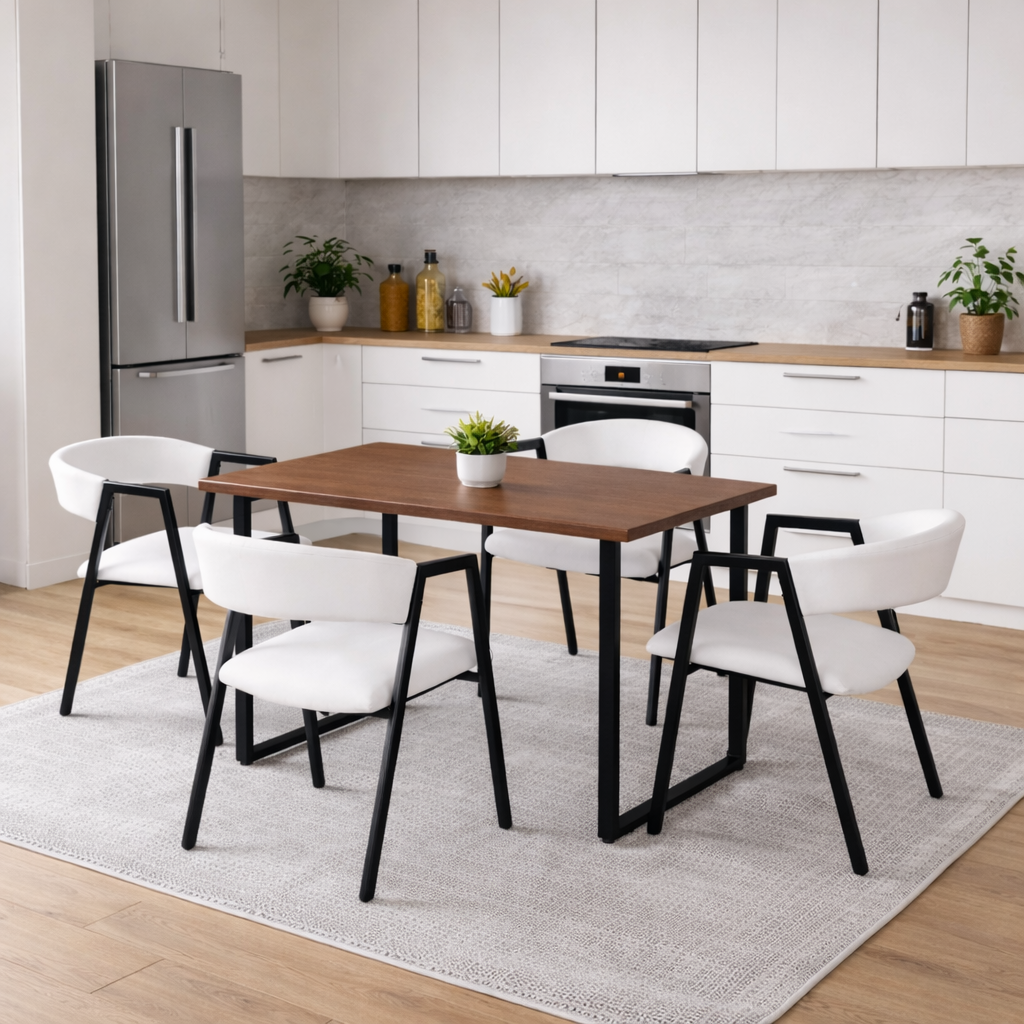 Set Masă Bucatarie Si Sufragerie 120x70 cm cu 4 Scaune, Blat Lemn, Cadru Metalic – Stil Modern