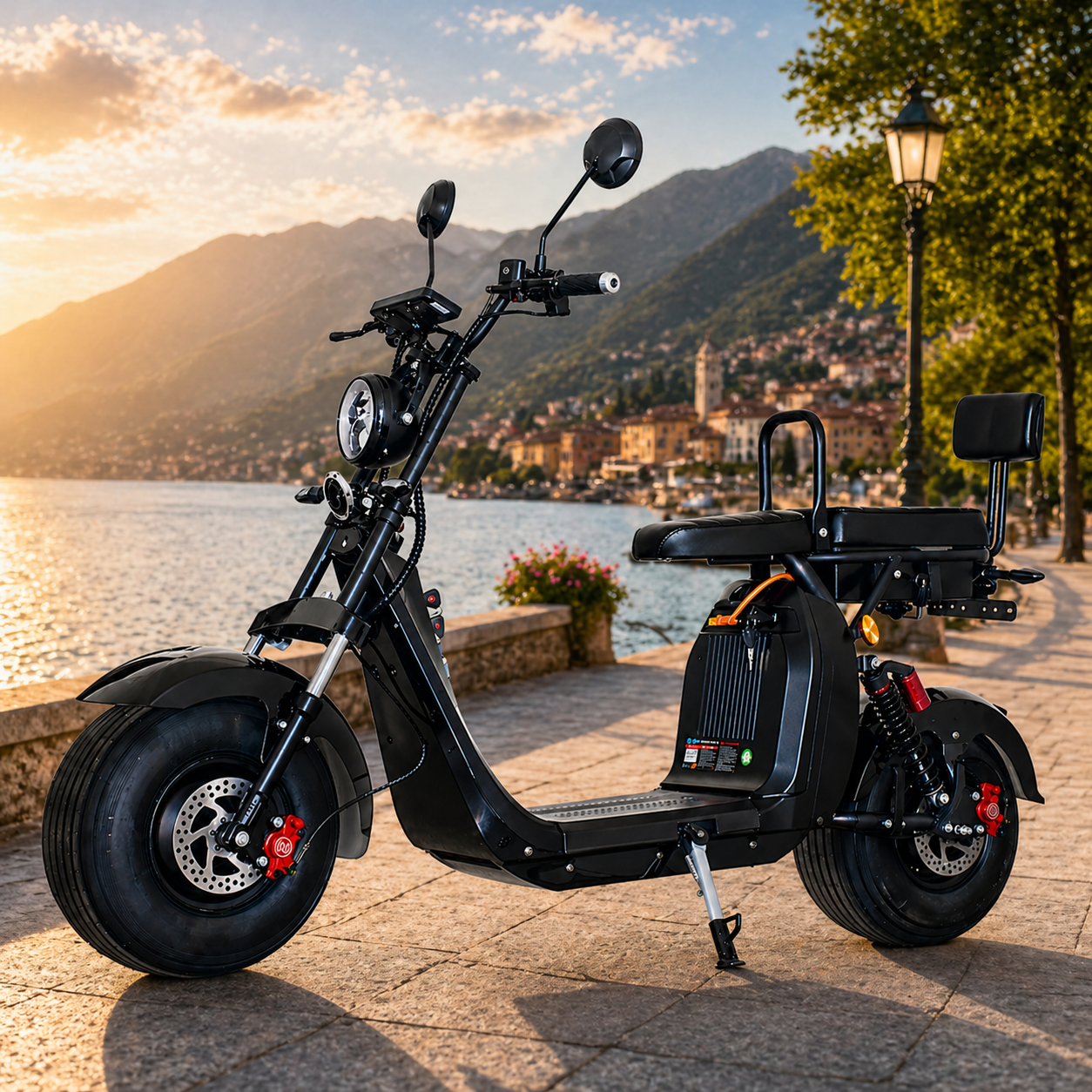 Scuter Electric 2 Persoane, Viteză Limitată 25 km/h – Fără Permis, Viteza maxima 25km/h, Autonomie 45 km, Motor 1500W, Baterie 20Ah, Suspensie Hidraulică, COC Inclus
