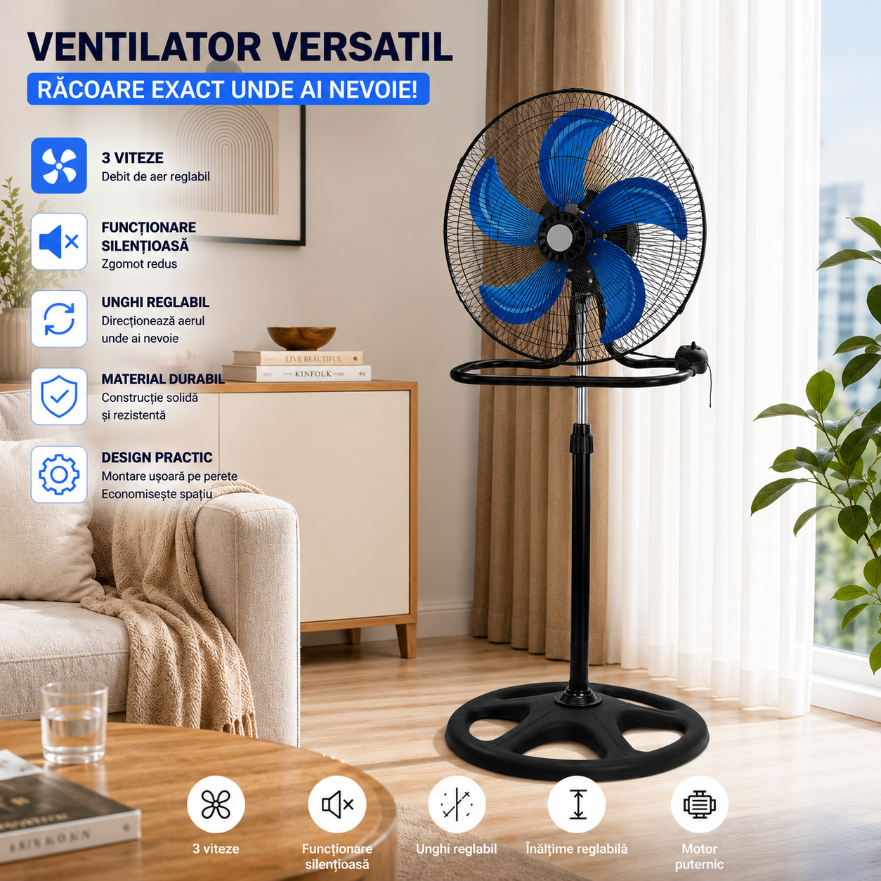 Ventilator 3 în 1 AT PERFORMANCE® AT-2055, 65W, 18 Inch, Podea, Perete și Picior, 3 Viteze, Oscilație, Reglabil pe Înălțime