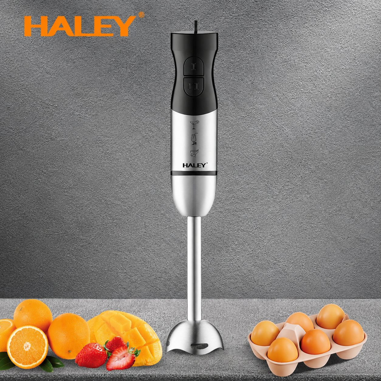 Blender vertical de mână HALEY HY-1121, 1200W, 2 viteze, motor DC, lame din oțel inoxidabil, funcție anti-stropire