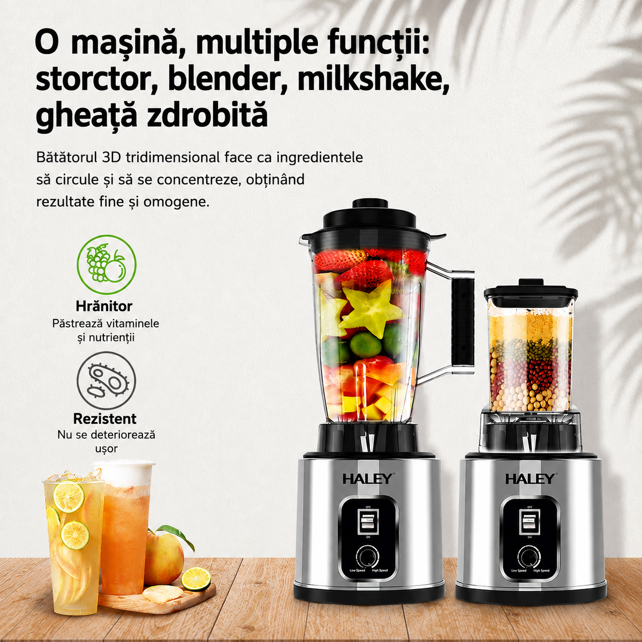 Blender Multifuncțional 2 în 1 HALEY HY-2712, 5500W, 15 Viteze + Pulse, Recipient 3L, Râșniță, Lame Inox, Funcție Autocurățare
