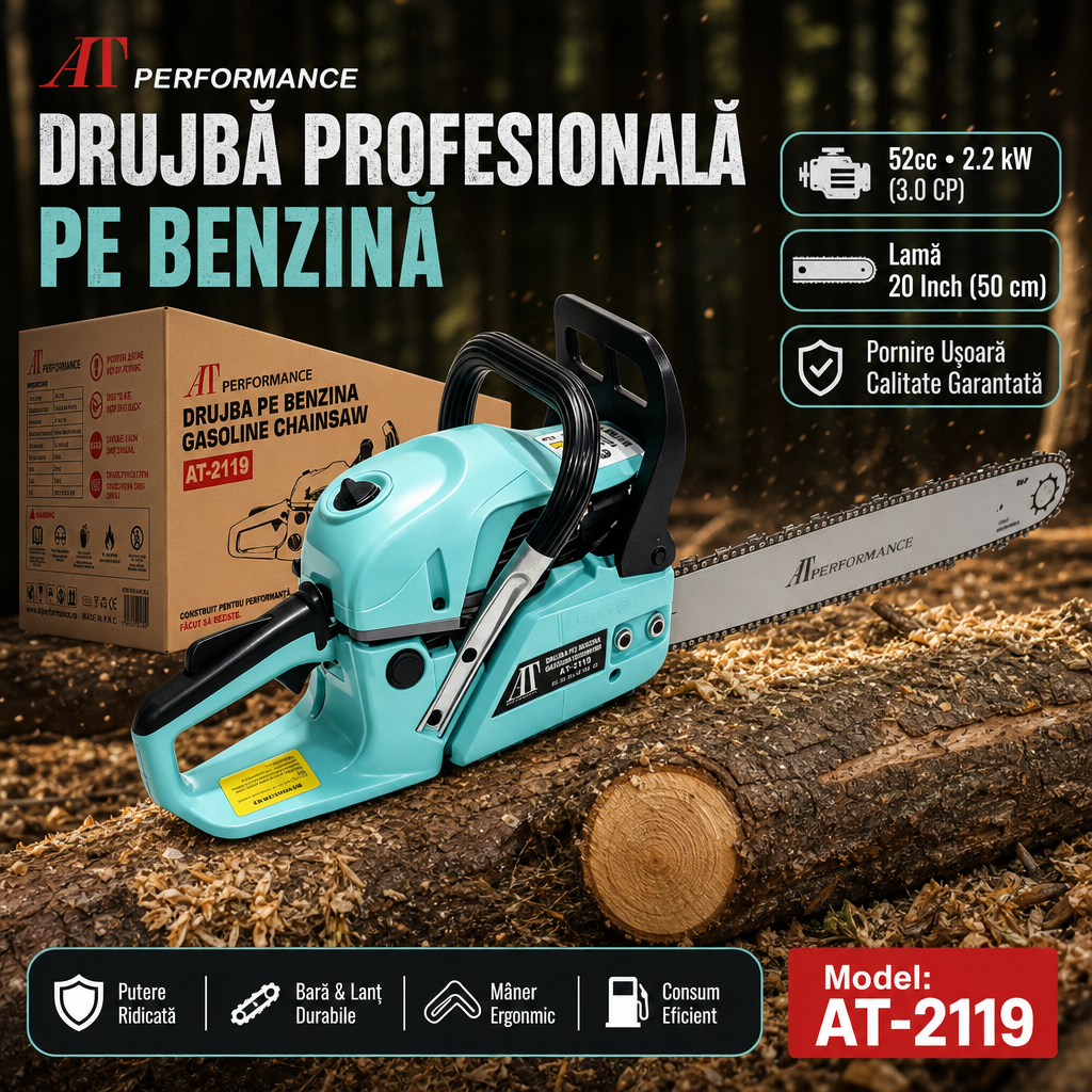 Specificații drujbă AT Performance AT-2119: motor 52 cc, 2,2 kW și lamă 20 inch