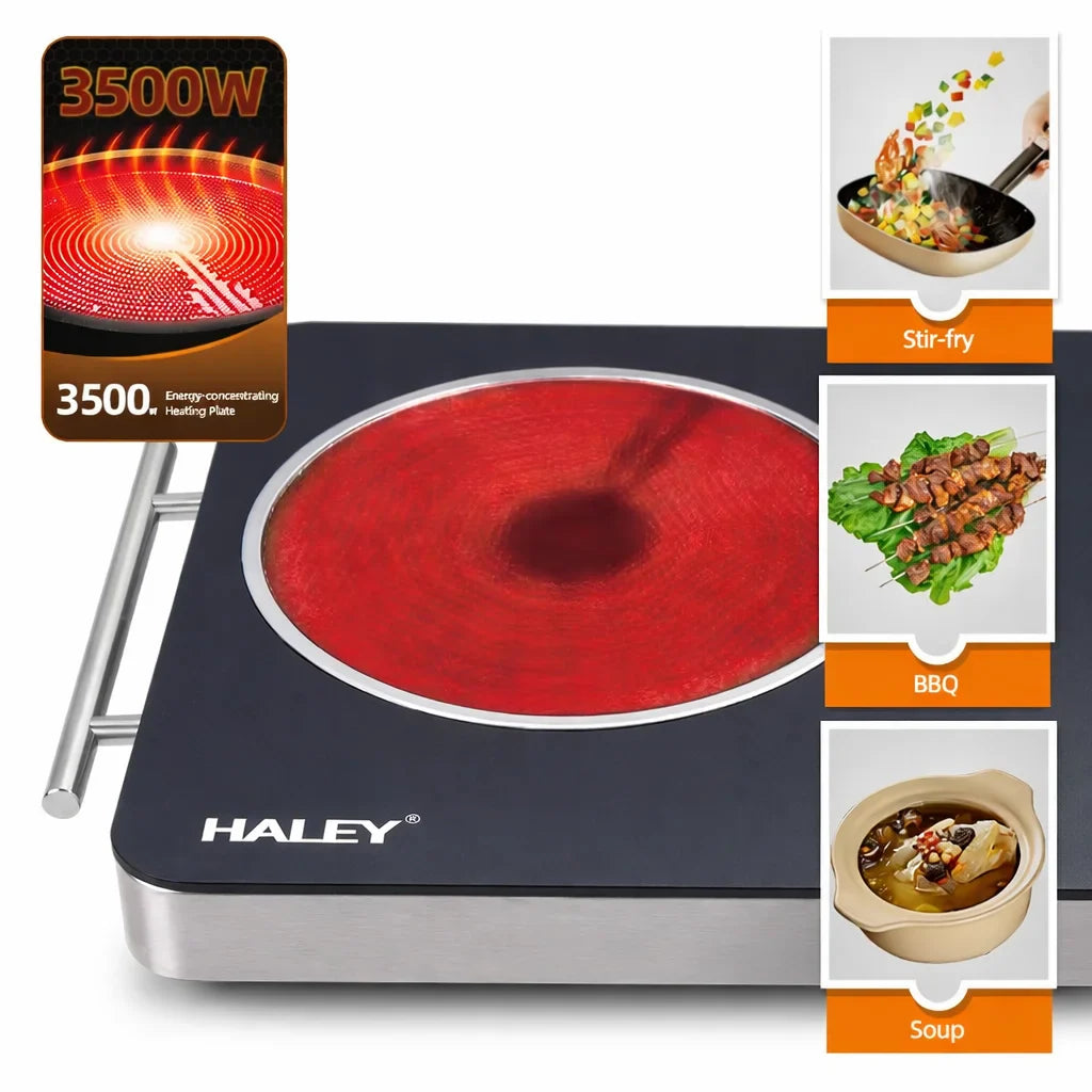 Plită Electrică Dublă Haley HY–1828 – 2 Zone, Suprafață din Sticlă Neagră