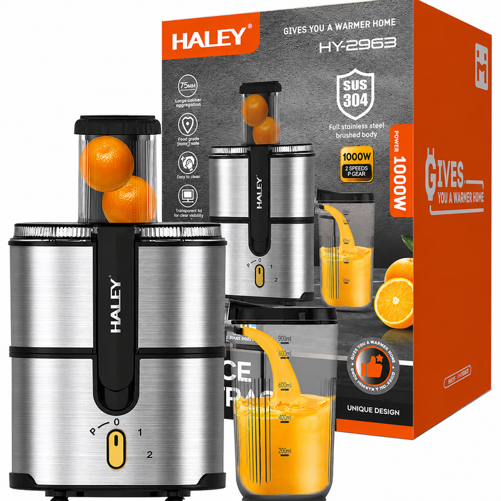 Storcător de Fructe și Legume Haley HY-2963, 1000W, Tub Alimentare 75 mm, Recipient Suc 900 ml, Recipient Pulpă 2 L, 2 Viteze + Pulse, Inox SUS304