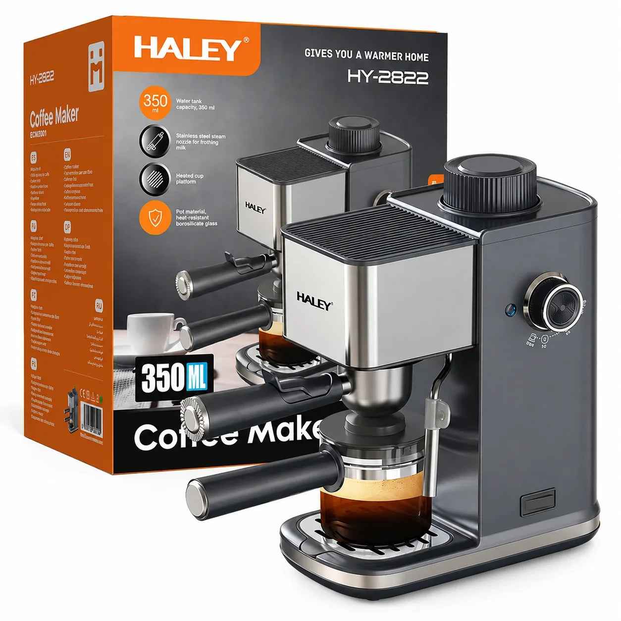 Espressor de Cafea HALEY HY-2822, 1500W, 5 Bar, Rezervor 350 ml, Sistem Spumare Lapte, Filtru Inox, Carafă din Sticlă Borosilicată