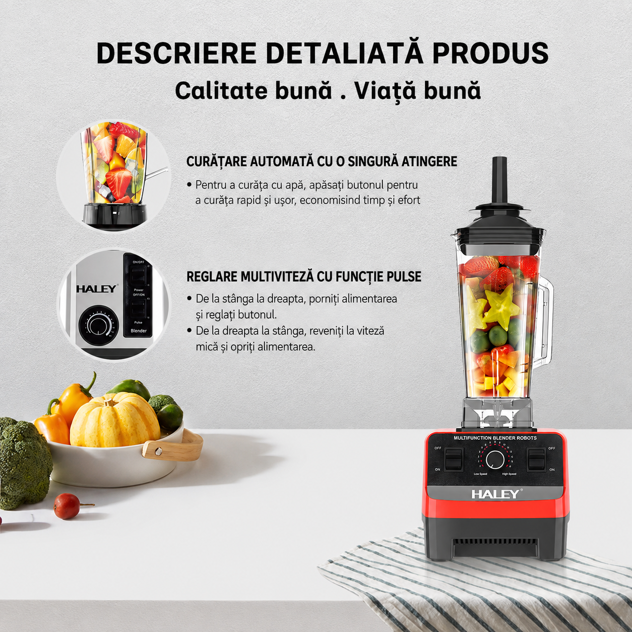 Blender Multifuncțional HALEY HY-2704, 4800W, 15 Viteze, Vas 2.5L, Funcție Pulse, Lame din Oțel Inoxidabil, Zdrobire Gheață