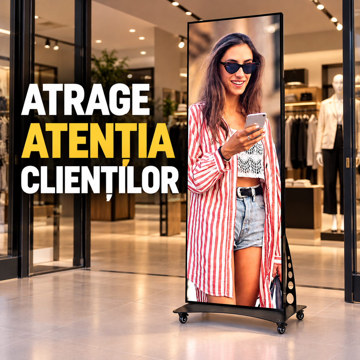 Ecran LED vertical pentru atragerea atenției clienților la intrarea în magazin