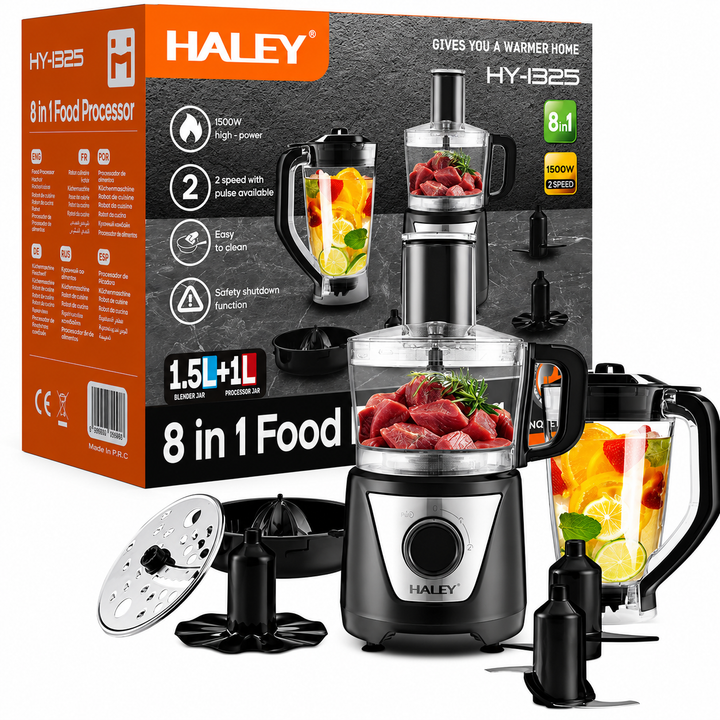 Robot de Bucătărie HALEY® HY-1325, 8 în 1, 1500W, Blender 1.5L, Procesor 1L, 2 Viteze + Pulse, Lame Inox
