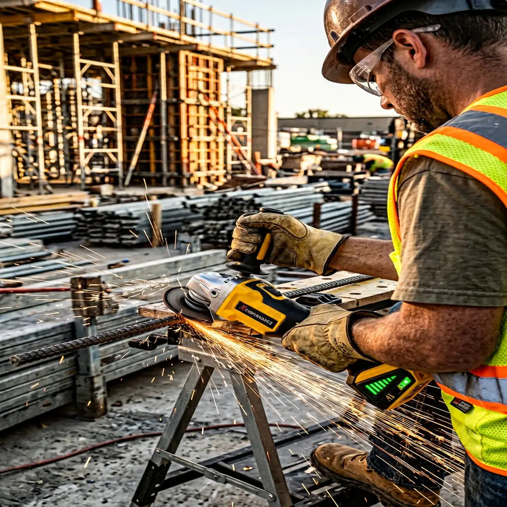 Polizor Flex Unghiular Fără Fir AT Performance 48V – Kit Complet cu 2 Acumulatori 5.0Ah, incarcator, 2 Discuri 125mm si Valiza transport