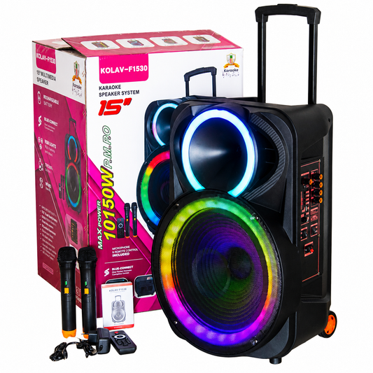 Boxă Portabilă Karaoke KOLAV-F1530, 15", 400W, Bluetooth, 2 Microfoane Wireless, RGB LED, USB/TF, FM, Baterie Reîncărcabilă