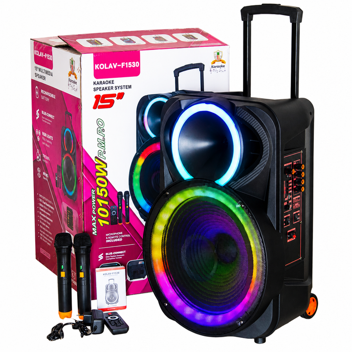 Boxă Portabilă Karaoke KOLAV-F1530, 15", 400W, Bluetooth, 2 Microfoane Wireless, RGB LED, USB/TF, FM, Baterie Reîncărcabilă