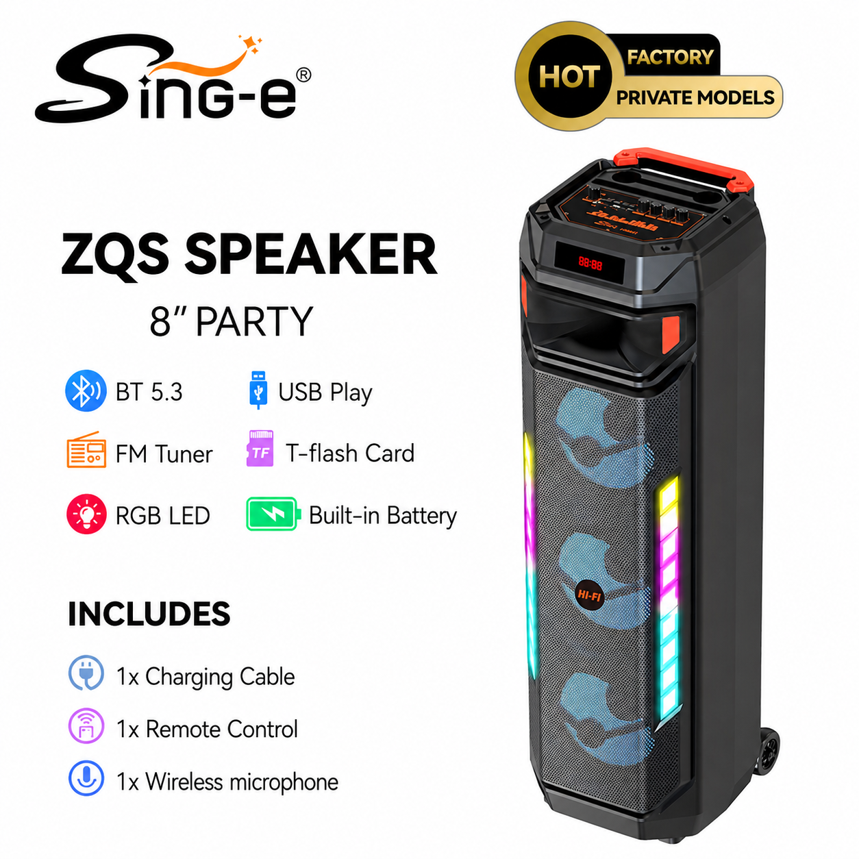 Boxă Portabilă Karaoke Sing-e ZQS8317, Bluetooth, 3 Difuzoare 8", 60W, Microfon Inclus, Telecomandă, LED RGB, Acumulator 4500mAh