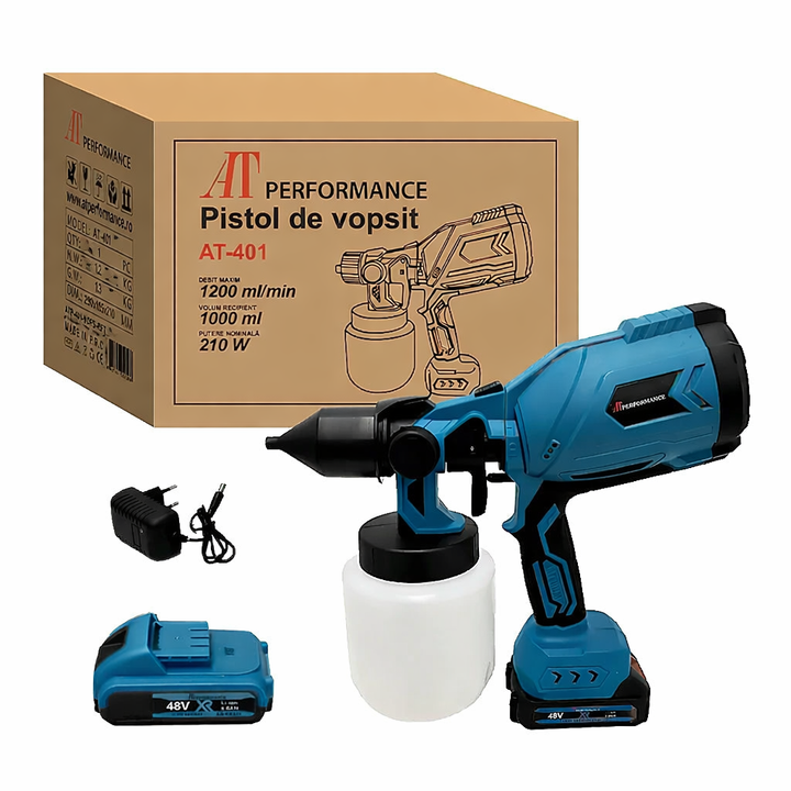 Pistol de vopsit electric cu acumulator AT PERFORMANCE® AT-401, 48V, rezervor 1000 ml, 1200 ml/min, 3 moduri pulverizare