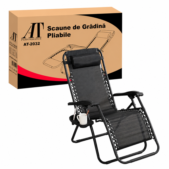 Scaun Șezlong Portabil AT PERFORMANCE®, de Lux, Modern, Scaun Reclinabil, Pliabil pentru Plajă și Grădină, cu Suport pentru Pahare