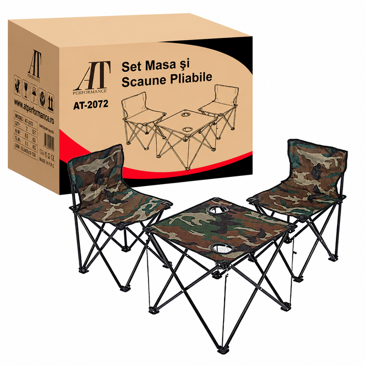AT PERFORMANCE® Set Camping Pliabil cu Masă și 2 Scaune Camuflaj, Geantă Inclusă, Suportă 100 kg, Model AT-2072