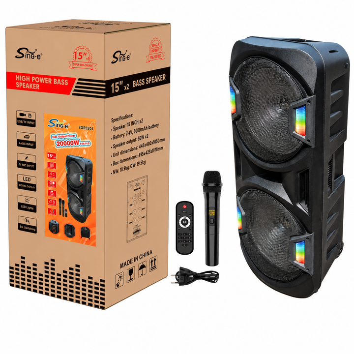 Boxă Portabilă Karaoke Sing-e ZQS15201, Bluetooth, 2x15", 80W, Acumulator 5000mAh, Microfon Wifi Inclus, LED RGB, Telecomandă
