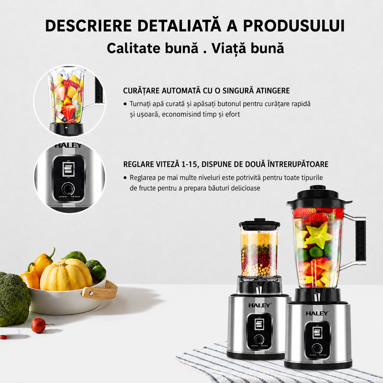 Blender Multifuncțional 2 în 1 HALEY HY-2712, 5500W, 15 Viteze + Pulse, Recipient 3L, Râșniță, Lame Inox, Funcție Autocurățare