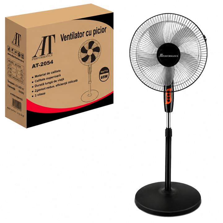 Ventilator cu Picior AT PERFORMANCE® AT-2054, 65W, 16 Inch, 3 Viteze, Oscilație Automată, Înălțime Reglabilă