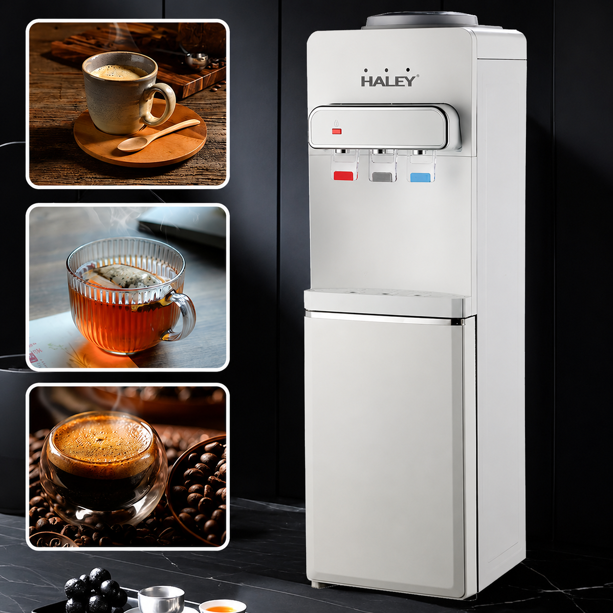 Dozator de Apă HALEY HY-2306, Apă Caldă, Rece și la Temperatura Camerei, Răcire cu Compresor, 650W, 3 Robinete, Blocare Copii, Dulap Depozitare