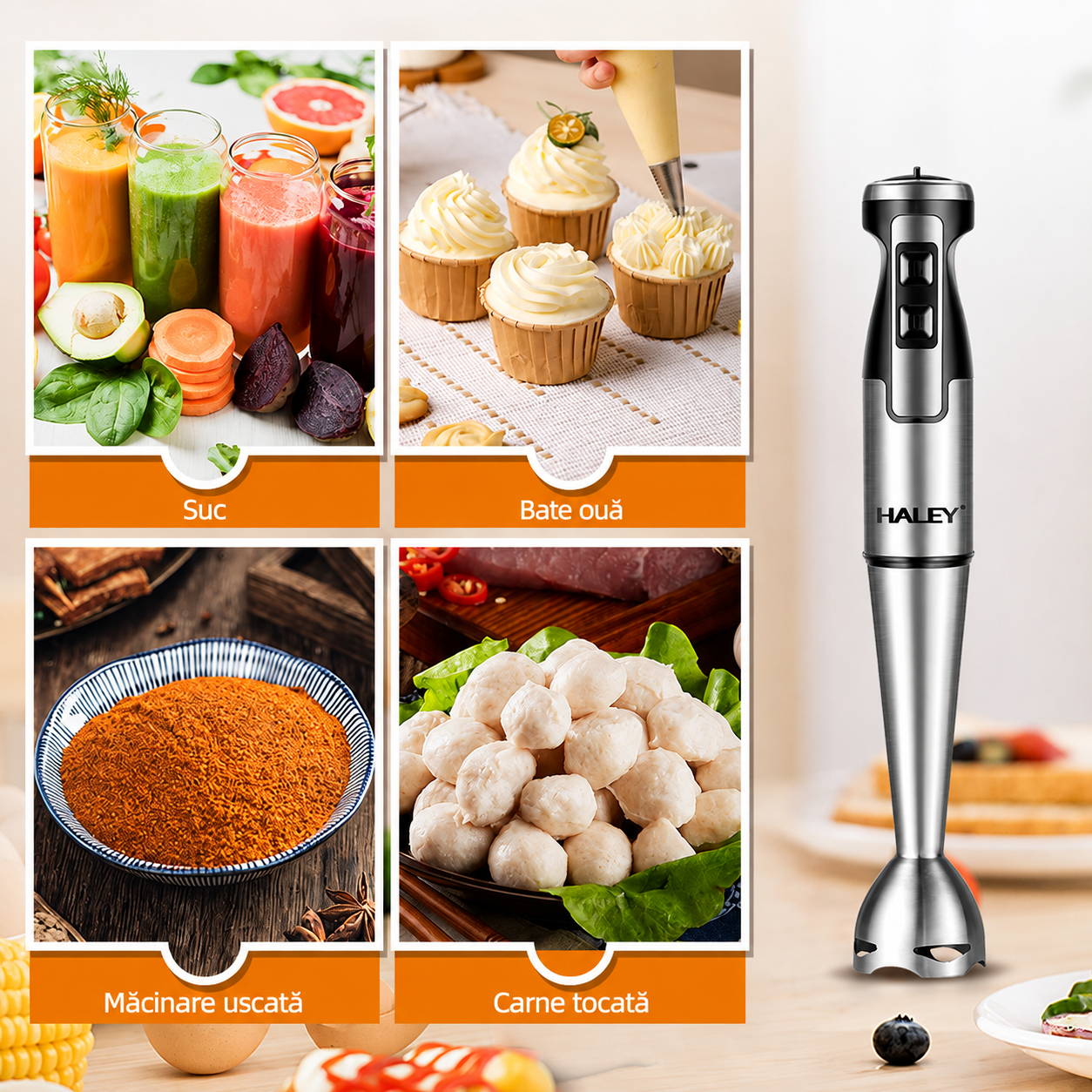 Blender Vertical De Mână Haley HY-1103, 1600W, 2 Viteze, Lame Din Oțel Inoxidabil, Picior Detașabil, Funcție Anti-Stropire, Roșu/Inox