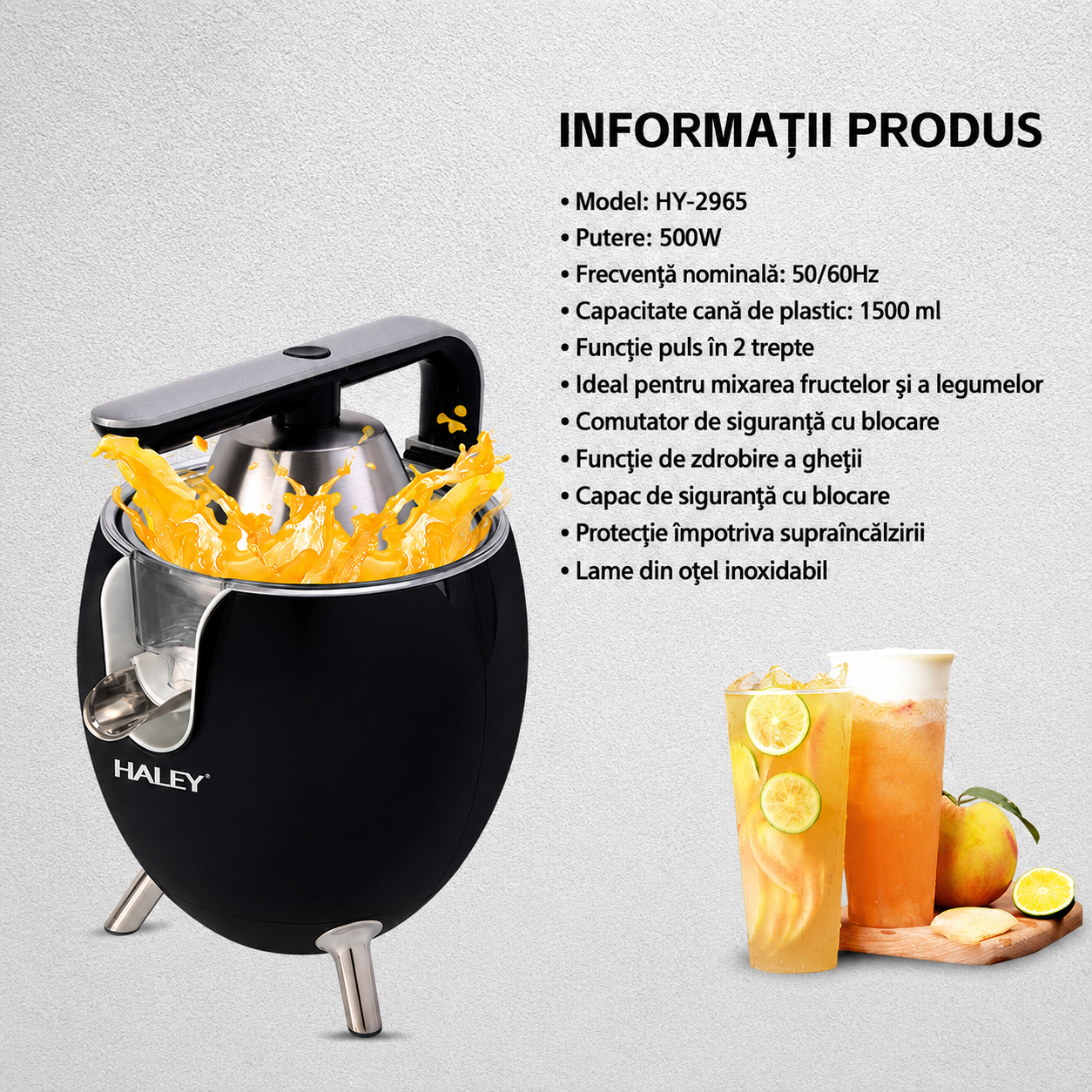 Storcător Electric de Citrice HALEY HY-2965, 500W, 2 Conuri pentru Citrice, Sistem de Presare, Componente din Inox, Funcție Anti-Picurare, Negru