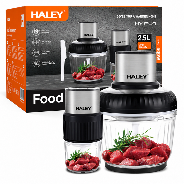 Tocător Electric Haley HY-1249, 500W, 2 Recipiente 2.5L + 0.5L, 3 Viteze, 4 + 6 Lame, Sticlă Borosilicată