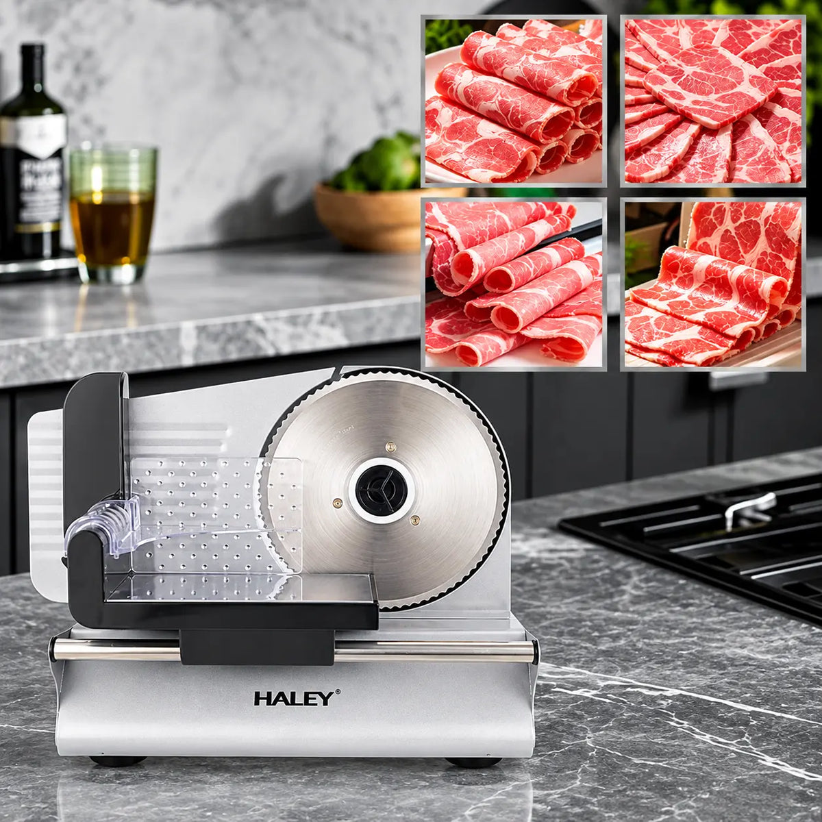 Feliator Electric de Alimente HALEY® HY-1329, Putere Maximă 800W, Lamă din Oțel Inoxidabil de 190 mm, Grosime de Tăiere Reglabilă 0–15 mm, Carcasă din Aluminiu Turnat, Protecție pentru Degete, Împingător Transparent cu Protecție