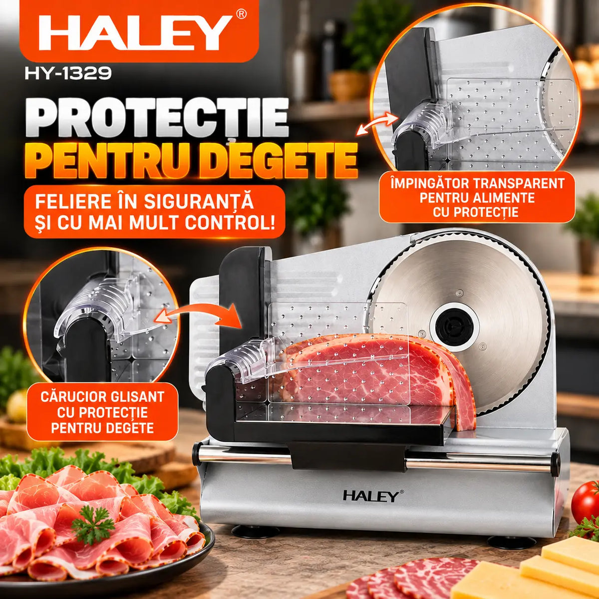 Feliator Electric de Alimente HALEY® HY-1329, Putere Maximă 800W, Lamă din Oțel Inoxidabil de 190 mm, Grosime de Tăiere Reglabilă 0–15 mm, Carcasă din Aluminiu Turnat, Protecție pentru Degete, Împingător Transparent cu Protecție