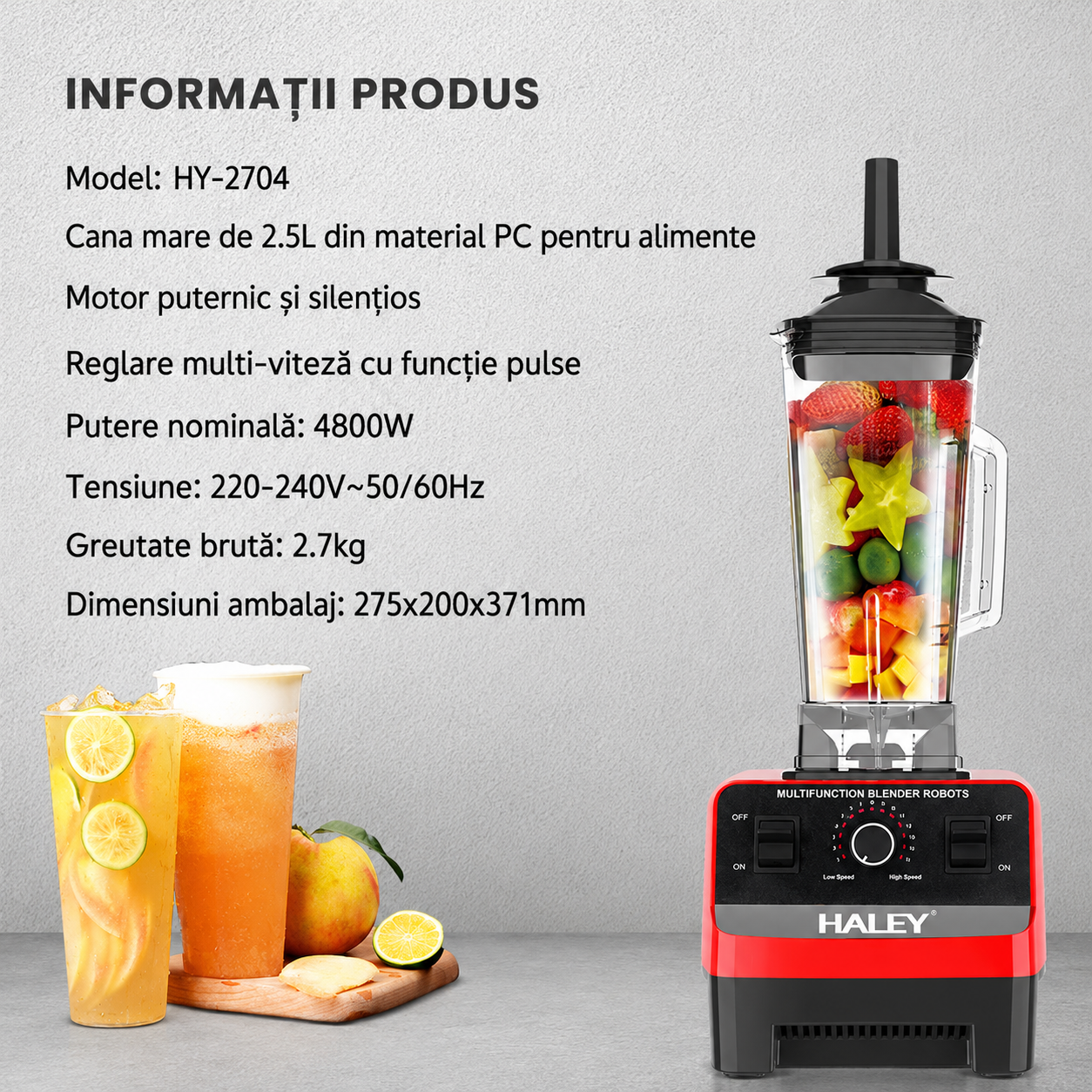 Blender Multifuncțional HALEY HY-2704, 4800W, 15 Viteze, Vas 2.5L, Funcție Pulse, Lame din Oțel Inoxidabil, Zdrobire Gheață