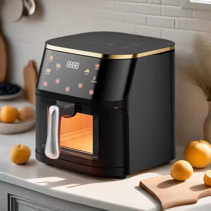 Friteuza cu Aer Cald AT PERFORMANCE®, cu geam, capacitate 10 L, display digital, Control touch 6 fFunctii de gătire presetatefunctie de mentinere la cald, pot detasabil, curatare usoara, Negru+ CADOU 50 HARTII DE COPT