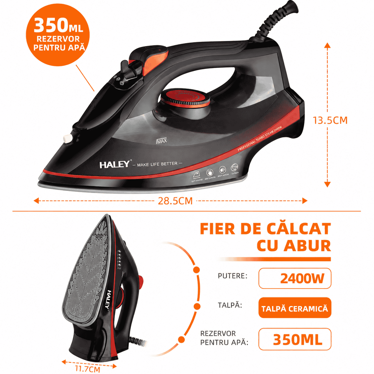 Fier De Călcat Cu Abur HALEY HY-2046, 2400W, Rezervor 350 ml, Talpă Ceramică