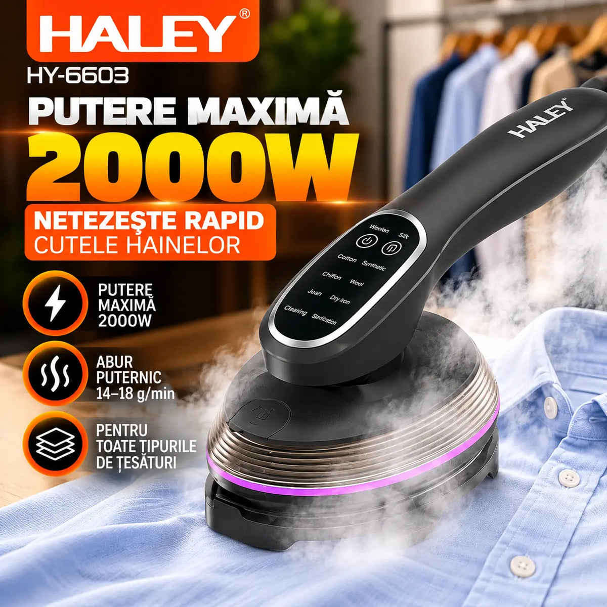Aparat de Călcat Vertical și Orizontal cu Aburi HALEY® HY-6603, 2000W, Încălzire Rapidă în 20 Secunde, Jet de Abur 14–18 g/min, Rezervor 120 ml, Cap Rotativ 90°, Panou Tactil, 3 Niveluri de Abur, Protecție la Supraîncălzire