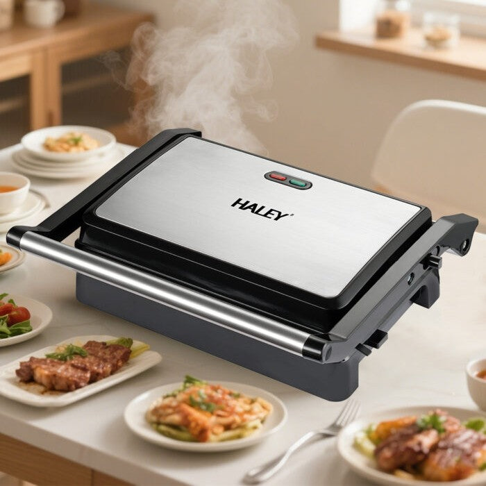 Grill Maker HALEY 2000W, Full Inox, Argintiu/Negru, Tuburi de Încălzire Curvate, Tavă de Gătit Integrată
