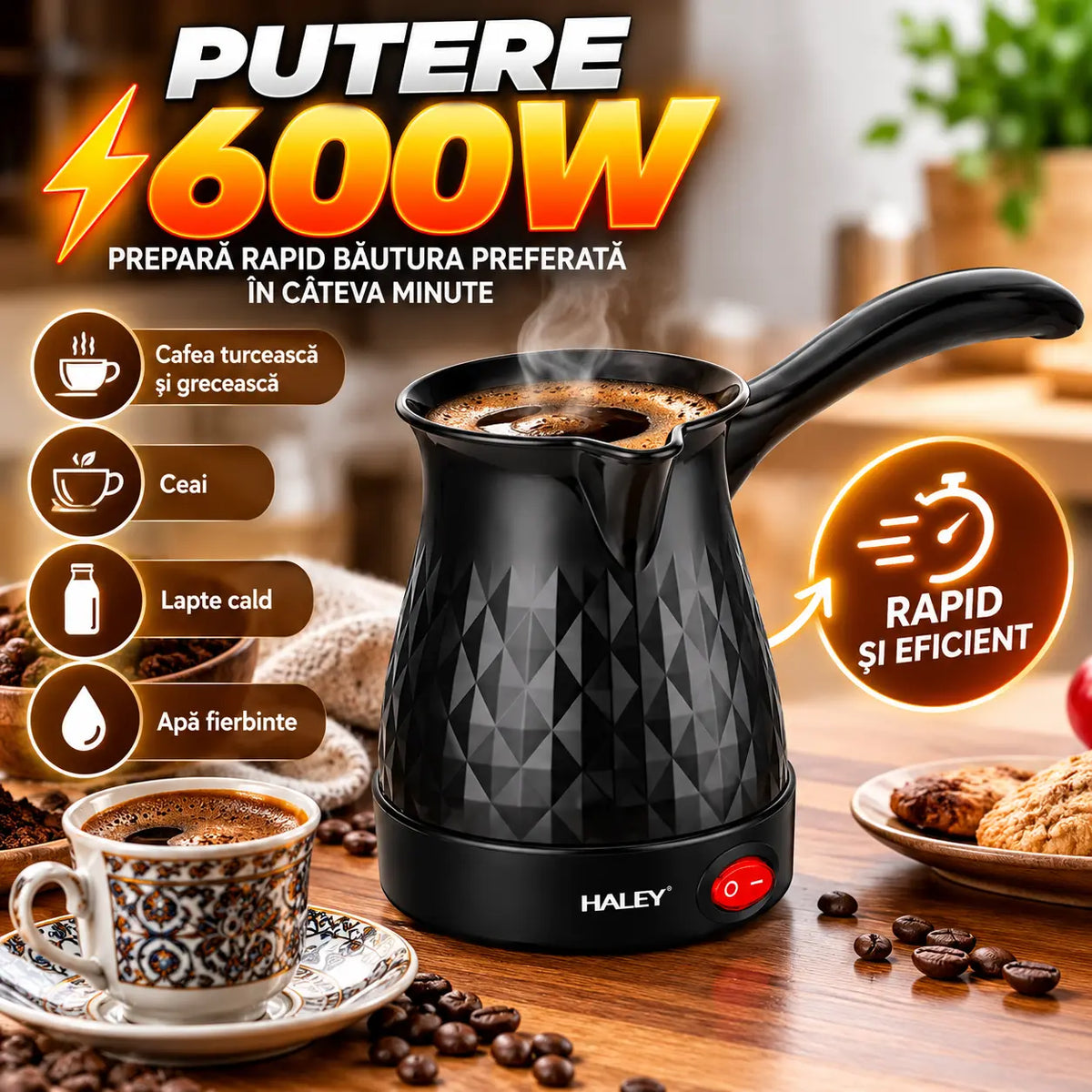 Ibric Electric HALEY 600W, 0.5L – Ideal pentru Cafea Turcească, Ceai, Lapte | Portabil, Silențios, Perfect pentru Călătorii