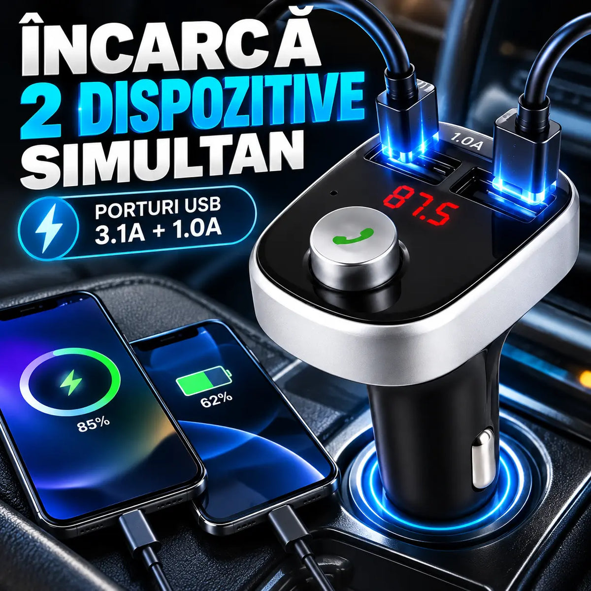 Modulator auto A20, Audio, mp3 player, dual USB, 3.1A, Bluetooth, FM, negru cu argintiu