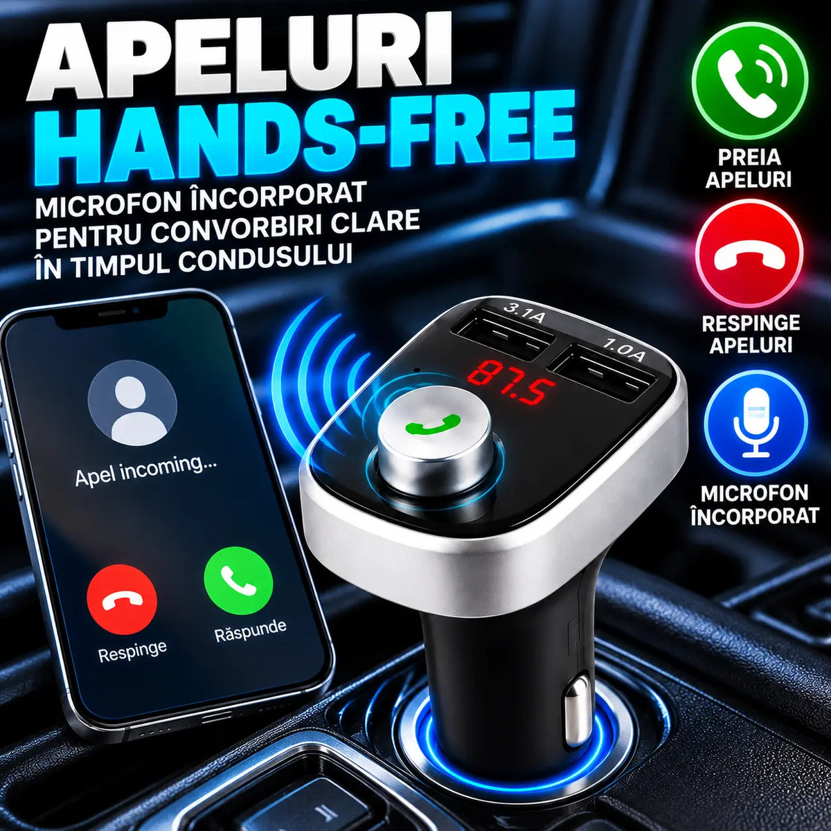 Modulator auto A20, Audio, mp3 player, dual USB, 3.1A, Bluetooth, FM, negru cu argintiu