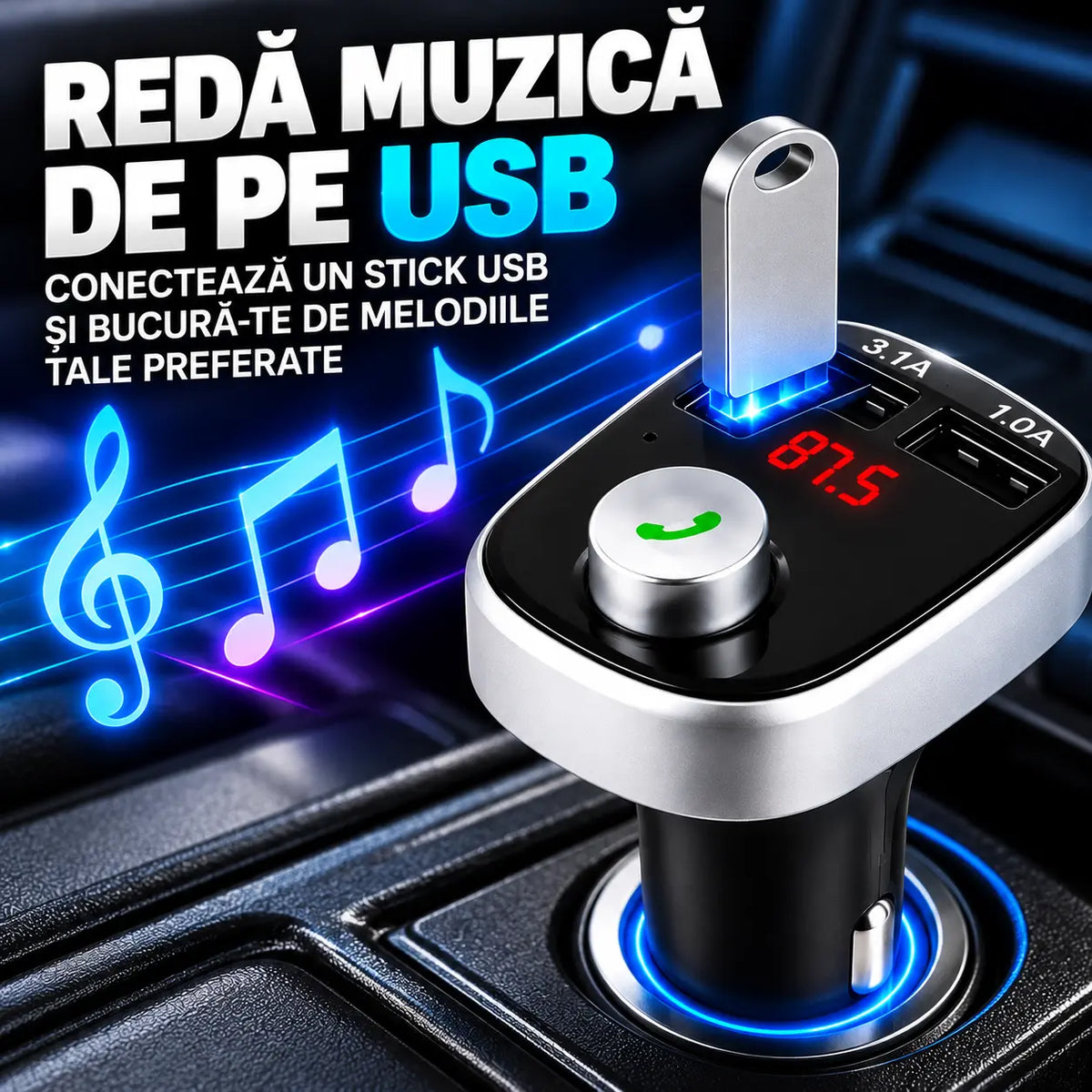 Modulator auto A20, Audio, mp3 player, dual USB, 3.1A, Bluetooth, FM, negru cu argintiu