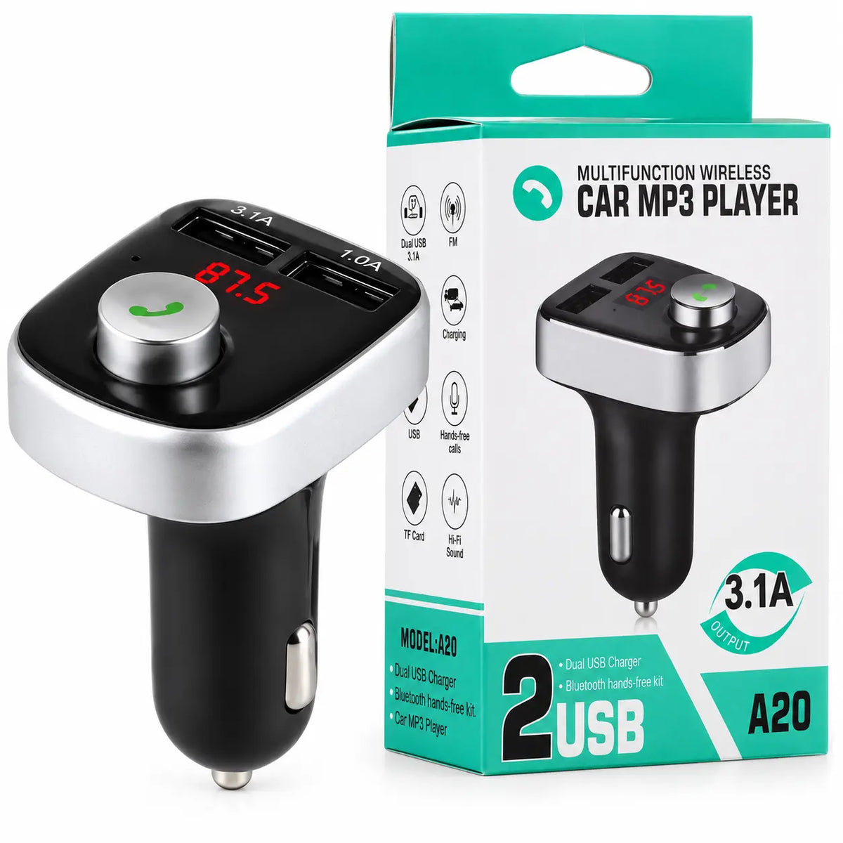 Modulator auto A20, Audio, mp3 player, dual USB, 3.1A, Bluetooth, FM, negru cu argintiu