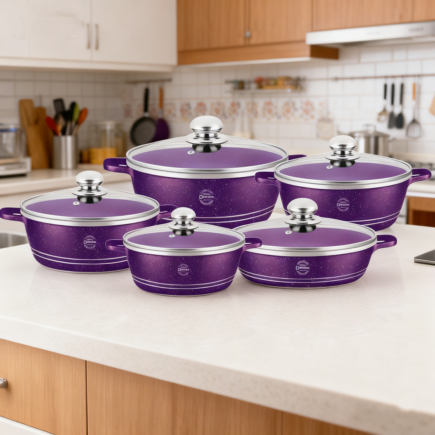 Set Premium 10 Piese AT PERFORMANCE – Oale cu acoperire din marmură și capace din sticlă semitransparentă, 5 dimensiuni pentru gătit versatil