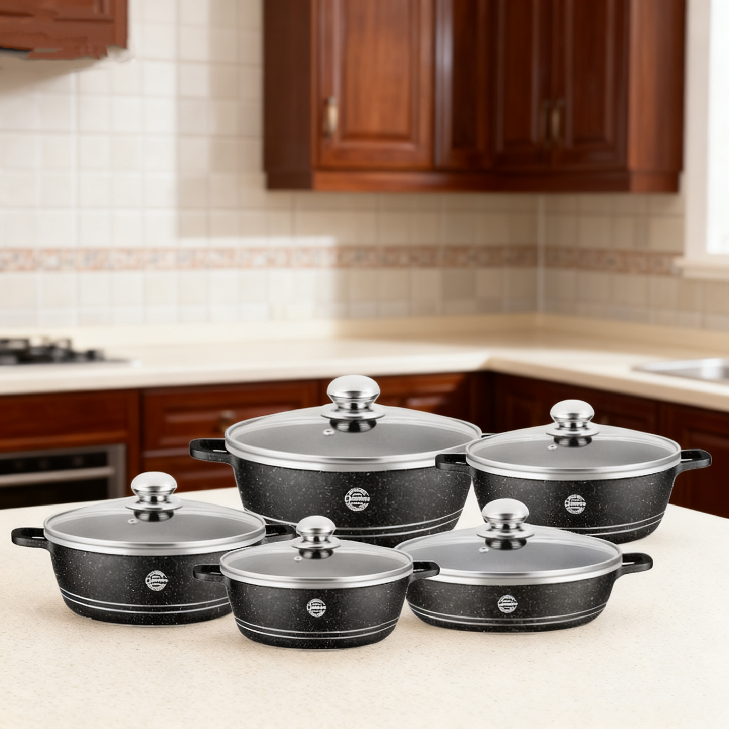 Set Premium 10 Piese AT PERFORMANCE – Oale cu acoperire din marmură și capace din sticlă semitransparentă, 5 dimensiuni pentru gătit versatil