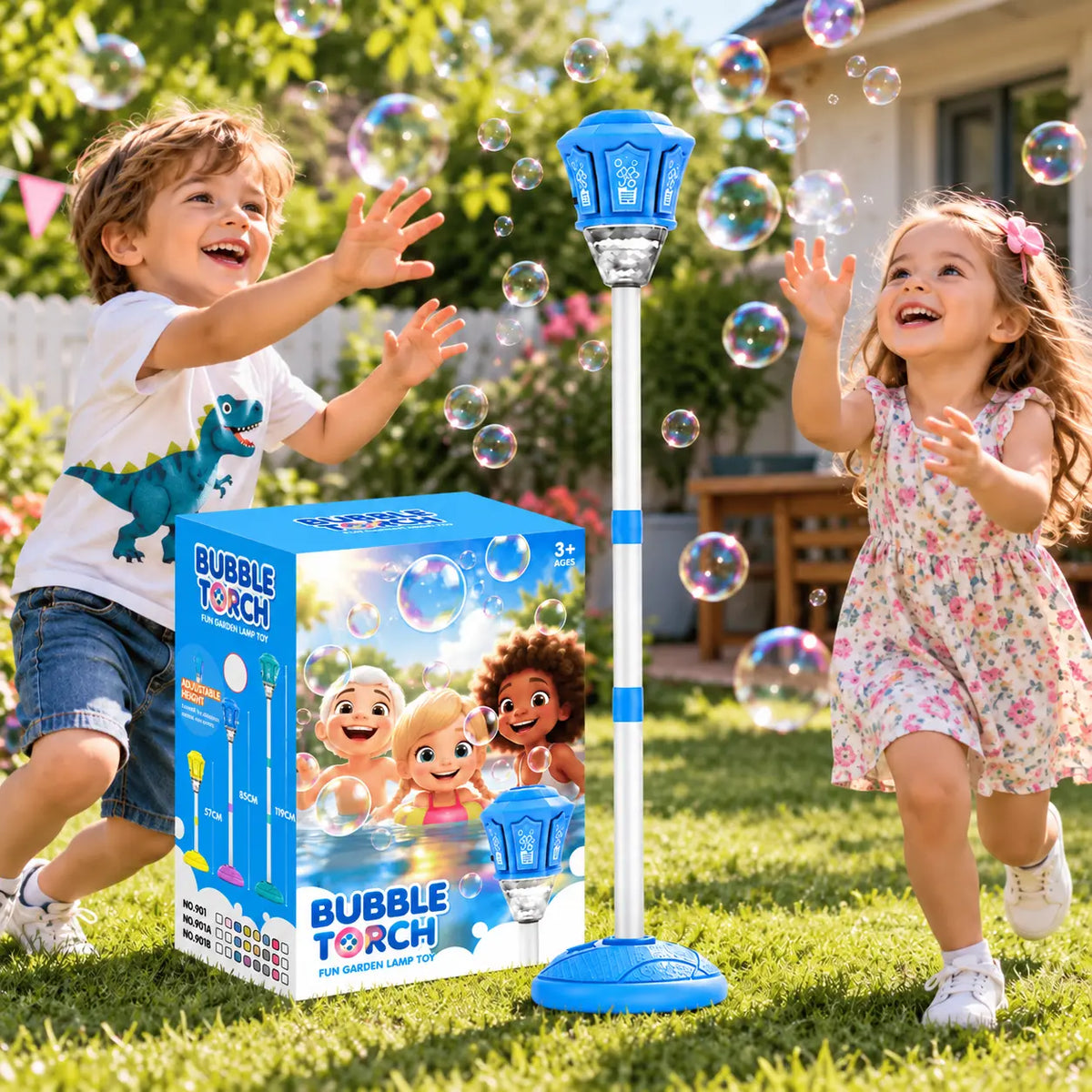 Lampă pentru Copii Bubble Torch cu Generator Automat de Baloane de Săpun, Înălțime Reglabilă 57–119 cm, Efecte Luminoase, Blue, 3+ Ani