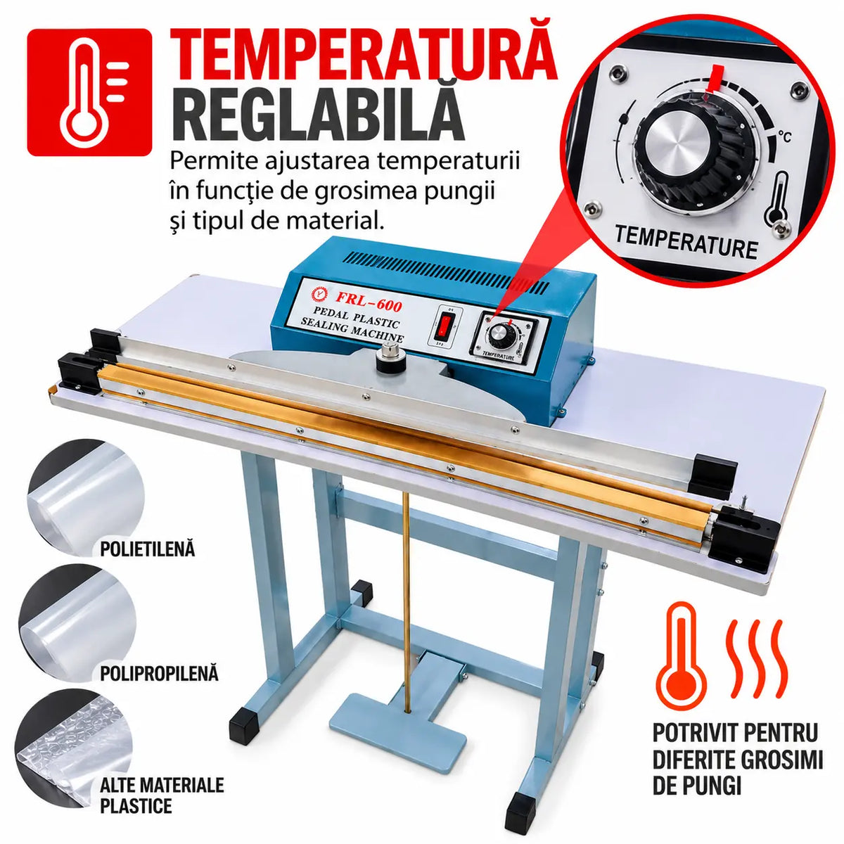 Aparat Profesional de Lipit  AT PERFORMANCE și Sigilat Pungi și Saci PFS600 – Sigilare Rapidă, Precisă și Eficientă, 600 mm, 750W, Acționare la Pedală