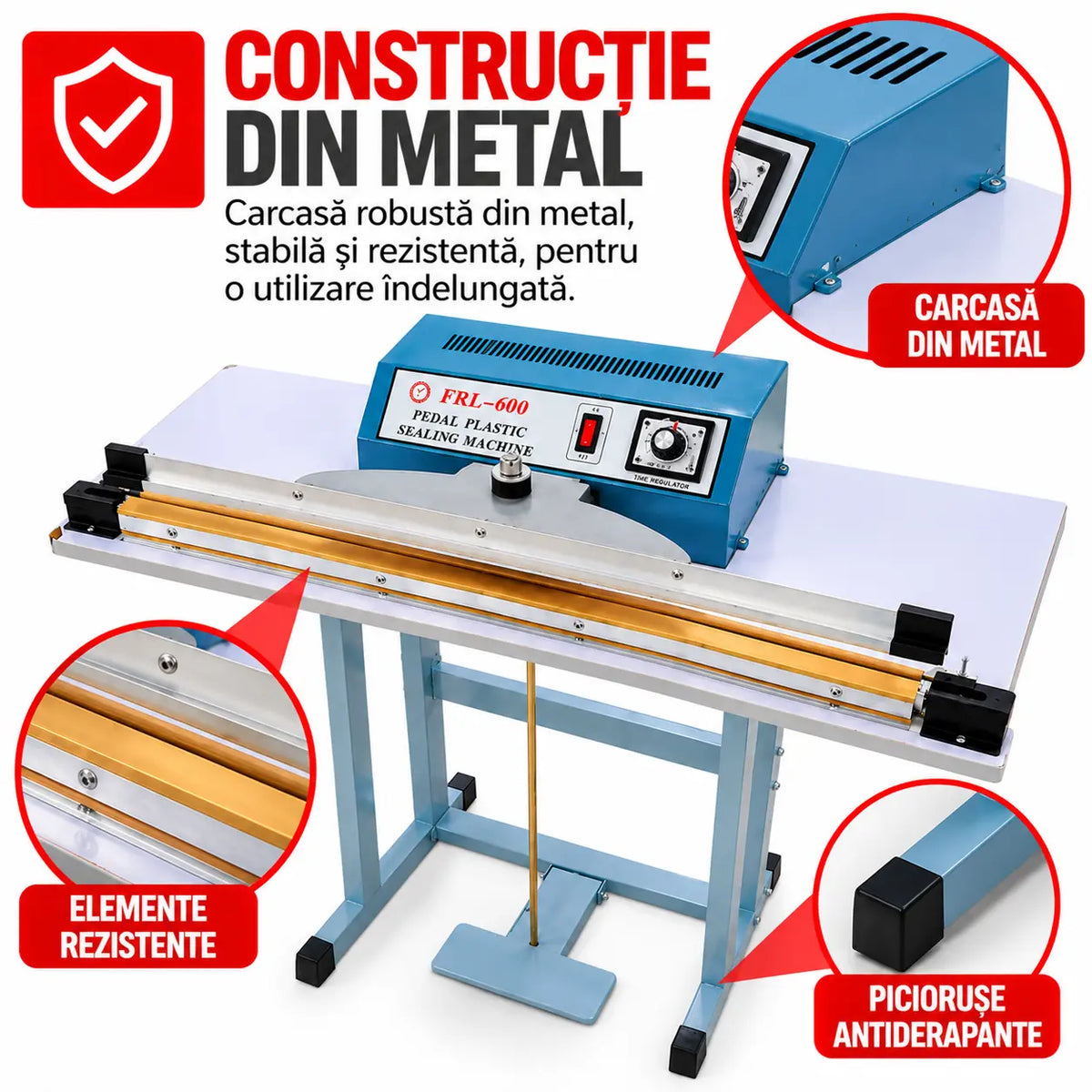 Aparat Profesional de Lipit  AT PERFORMANCE și Sigilat Pungi și Saci PFS600 – Sigilare Rapidă, Precisă și Eficientă, 600 mm, 750W, Acționare la Pedală