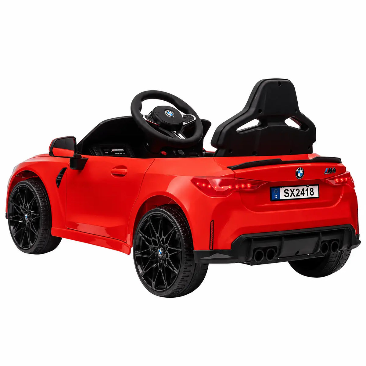 Mașinuță electrică KIDOO® BMW M4 roșie, vedere din spate și lateral pe fundal alb