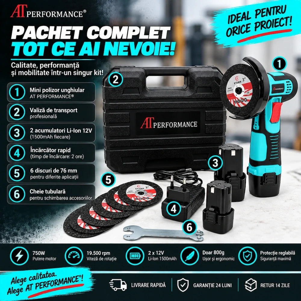 Mini polizor AT PERFORMANCE® AT-M98, prezentare a componentelor din pachet